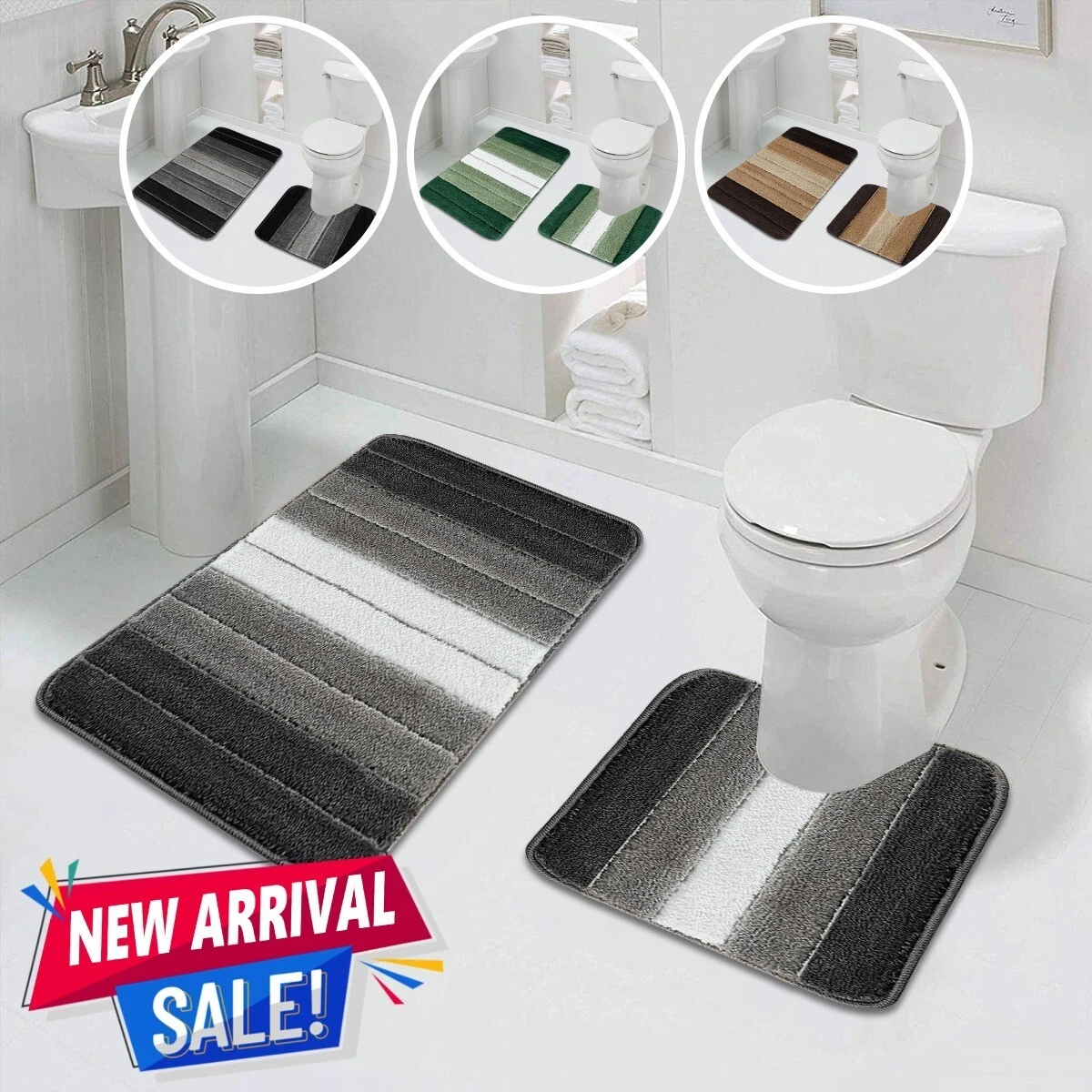 Bath Mat and Pedestal Sets Water Absorbent Non Slip Rubber Gel Backing Stripe Rugstars UK