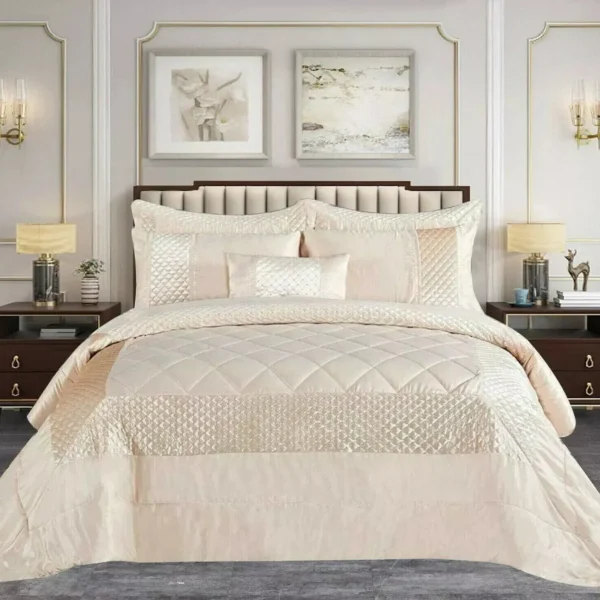 Beige 3 Piece Atlanta Quilted Satin Sequence Bedspread Comforter Set UK Double King Super King Rugstars UK