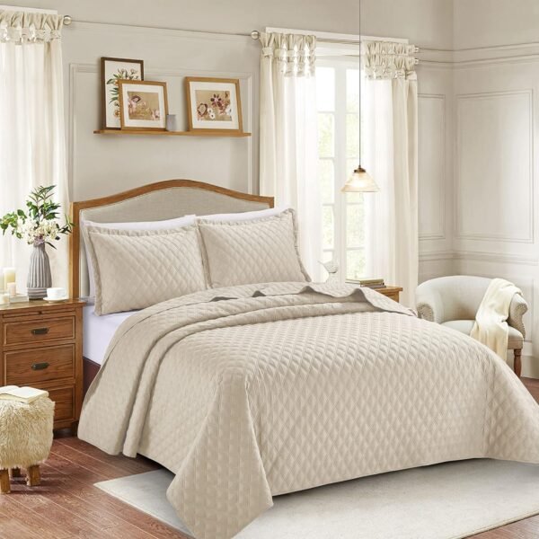Beige 3 Piece Inspiration Quilted Bedspread Set UK Single Double King Super King Rugstars UK