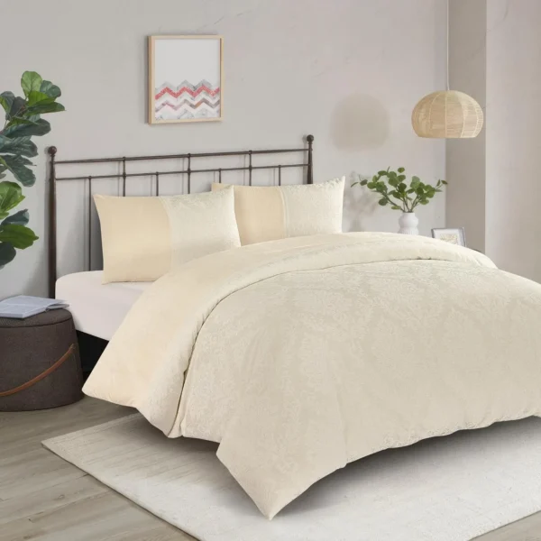 Beige Charm Velvet Jacquard Duvet Cover Set UK Luxury Lace Trim Double King Super King Rugstars UK