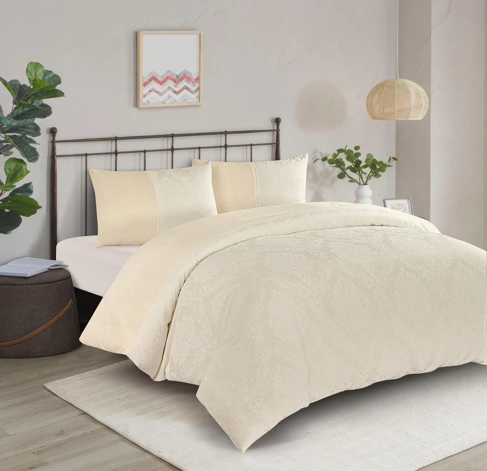 Beige Charm Velvet Jacquard Duvet Cover Set UK Luxury Lace Trim Double King Super King Rugstars UK