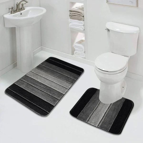 Black Stripe Bath Mat and Pedestal Set Water Absorbent Non Slip Rugstars UK