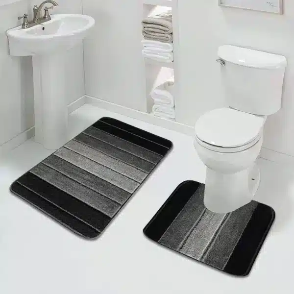 Black Stripe Bath Mat and Pedestal Set Water Absorbent Non Slip — Rugstars UK