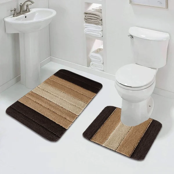 Brown Stripe Bath Mat and Pedestal Set Water Absorbent Bathroom Rug Rugstars UK