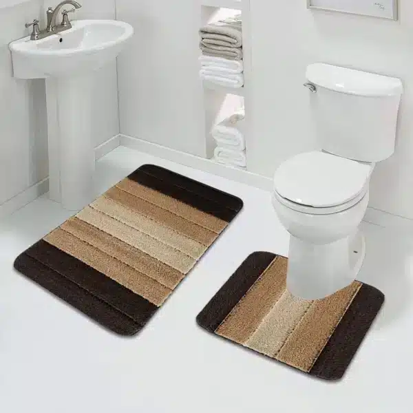 Brown Stripe Bath Mat and Pedestal Set Water Absorbent Bathroom Rug — Rugstars UK