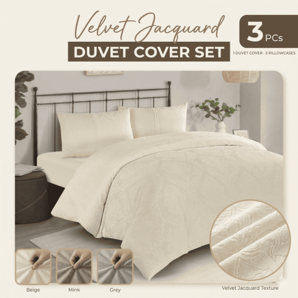 Charm Velvet Jacquard Duvet Cover Set UK Luxury Lace Trim Bedding in Beige, Silver Grey & Mink Rugstars UK