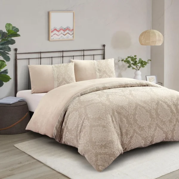 Charm Velvet Jacquard Duvet Cover Set UK Luxury Lace Trim Beige Silver Grey Mink Rugstars UK