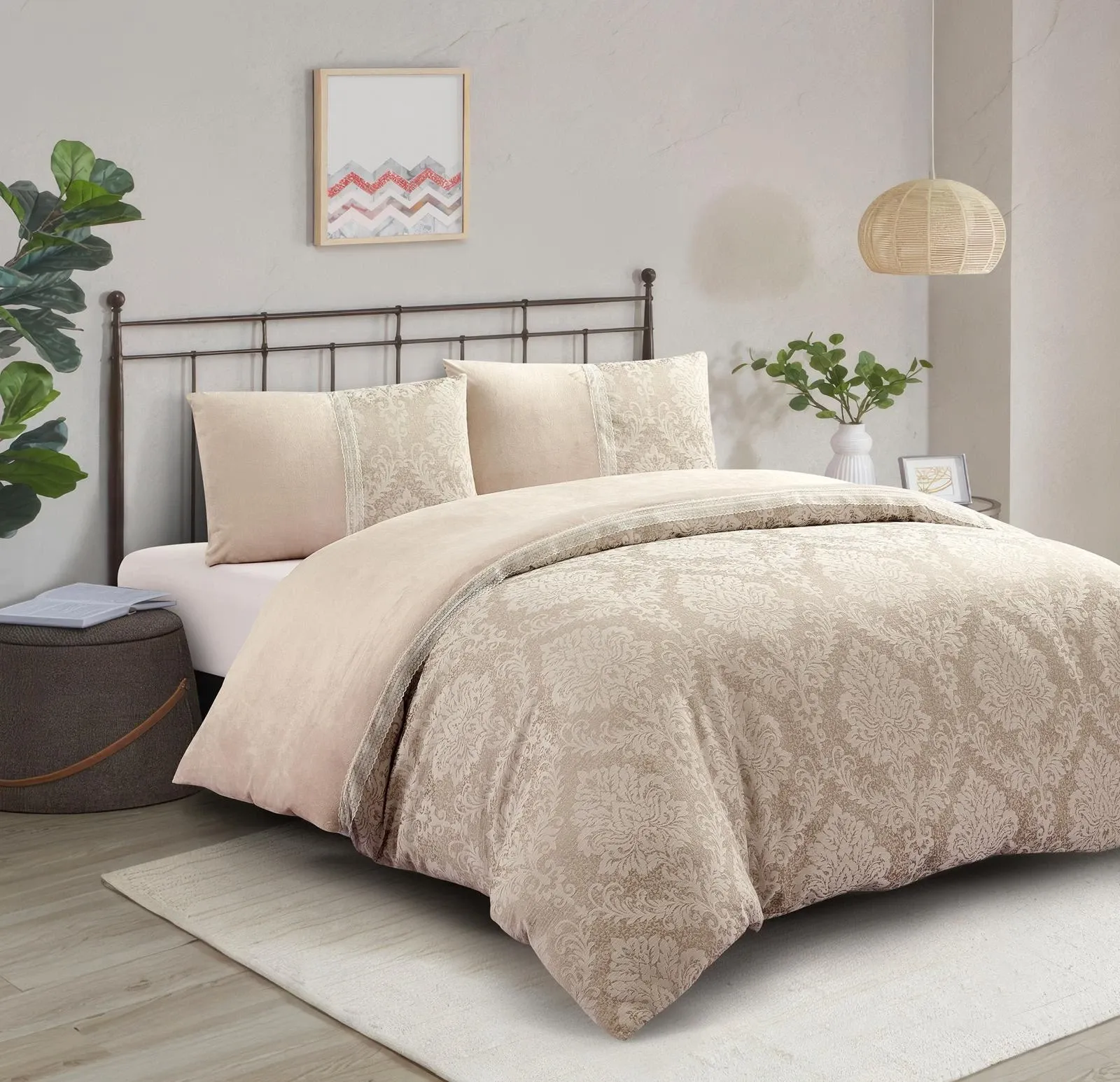 Charm Velvet Jacquard Duvet Cover Set UK Luxury Lace Trim Beige Silver Grey Mink Rugstars UK