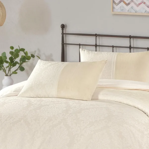 Charm Velvet Jacquard Lace Trim Detail Luxury Duvet Cover Set Beige Mink Silver Grey Rugstars UK