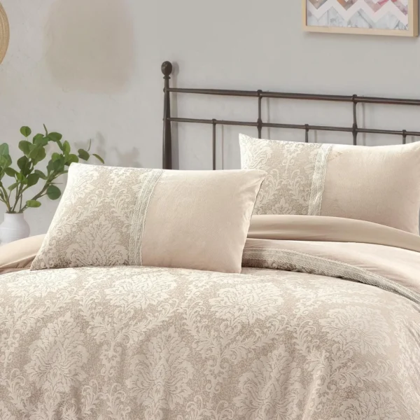 Charm Velvet Jacquard Lace Trim Detail Luxury Duvet Cover Set Mink Rugstars UK