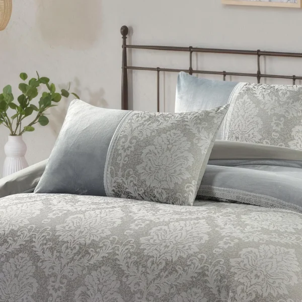 Charm Velvet Jacquard Lace Trim Detail Luxury Duvet Cover Set Silver Grey Rugstars UK