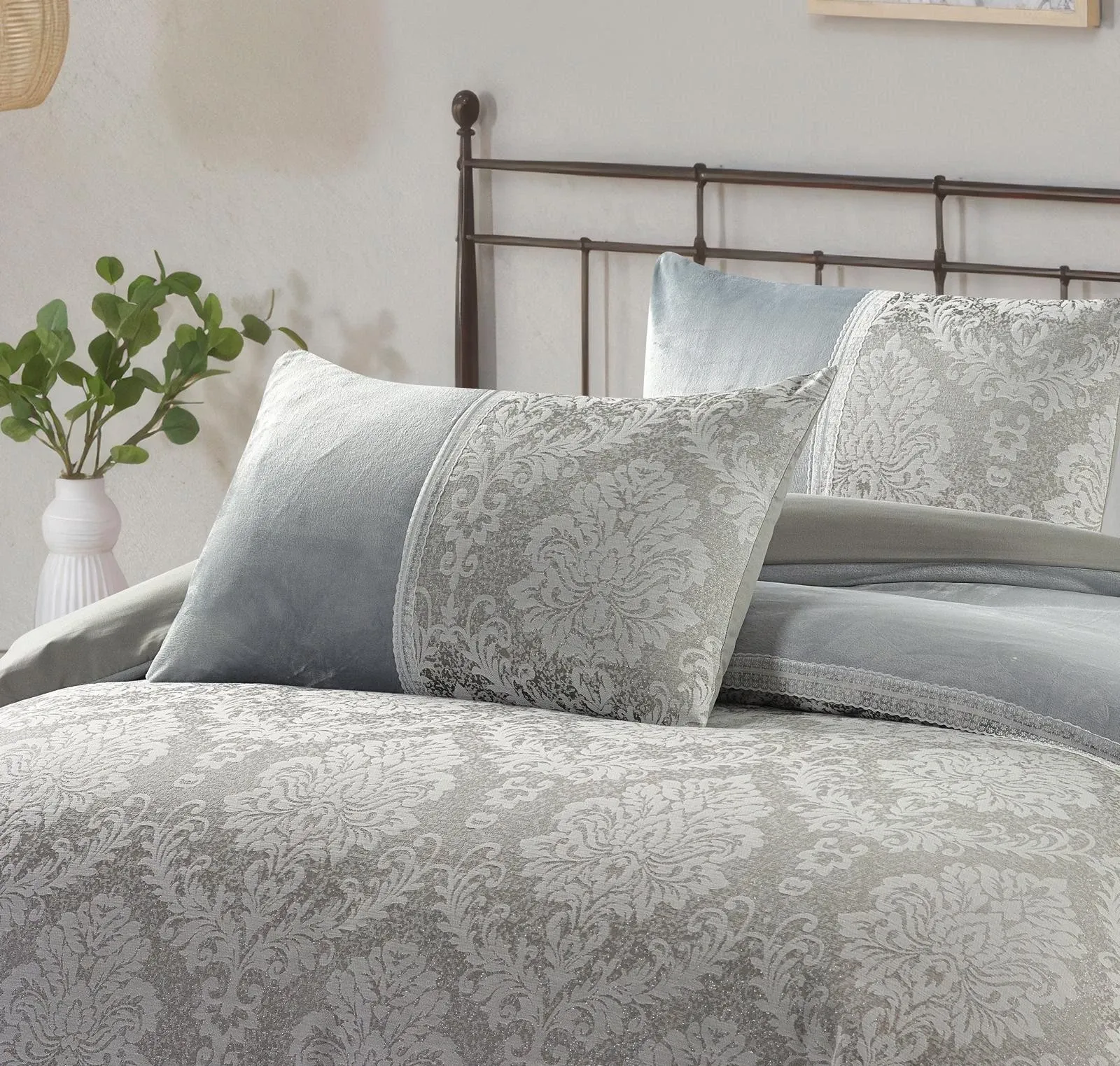 Charm Velvet Jacquard Lace Trim Detail Luxury Duvet Cover Set Silver Grey Rugstars UK