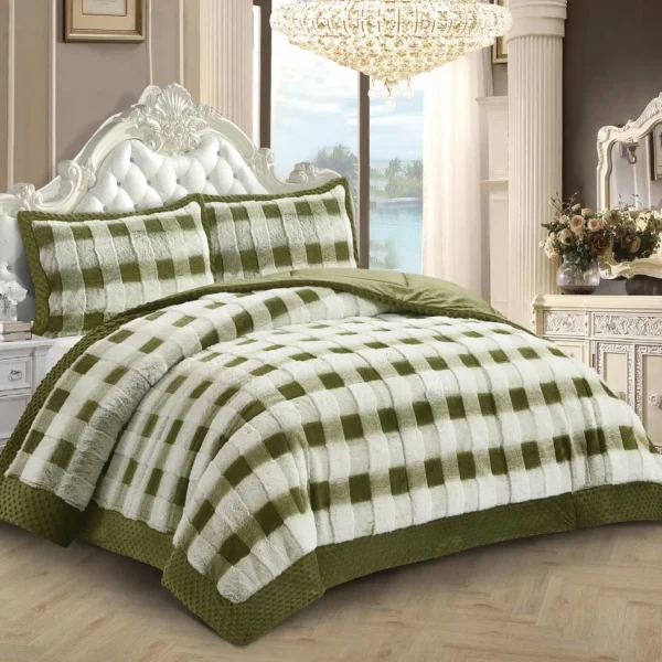 Green Buffalo Check Faux Fur Quilted Bedspread Set UK 3 Piece Plush Quilted Comforter Rugstars UK