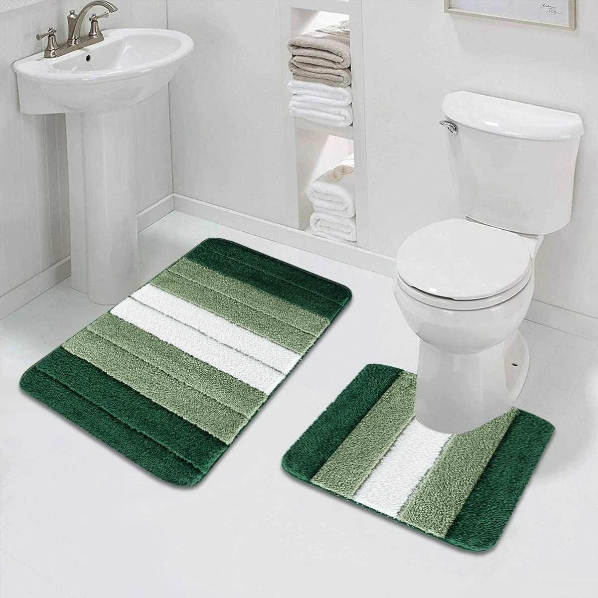 Green Stripe Bath Mat and Pedestal Set Rubber Gel Non Slip UK Rugstars UK