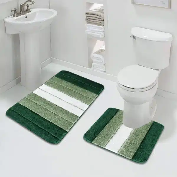 Green Stripe Bath Mat and Pedestal Set Rubber Gel Non Slip UK — Rugstars UK