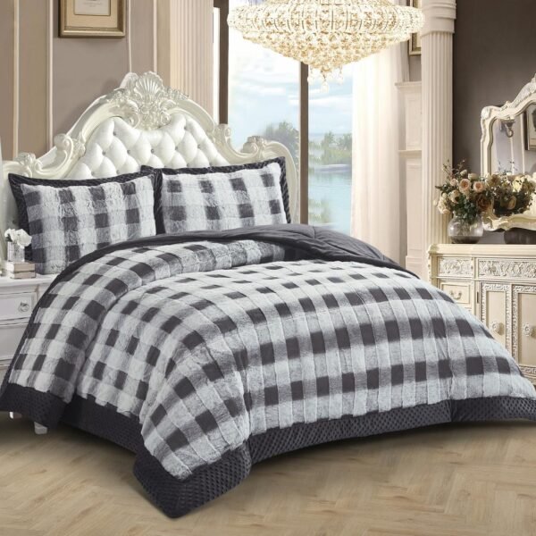 Grey Buffalo Check Faux Fur Quilted Bedspread Set UK 3 Piece Plush Velvet Pillow Shams Rugstars UK