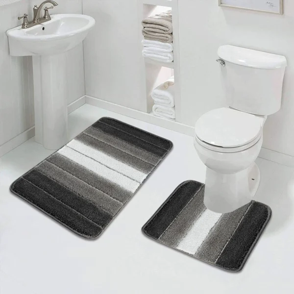 Grey Stripe Bath Mat and Pedestal Set Non Slip Rubber Gel Backing Rugstars UK