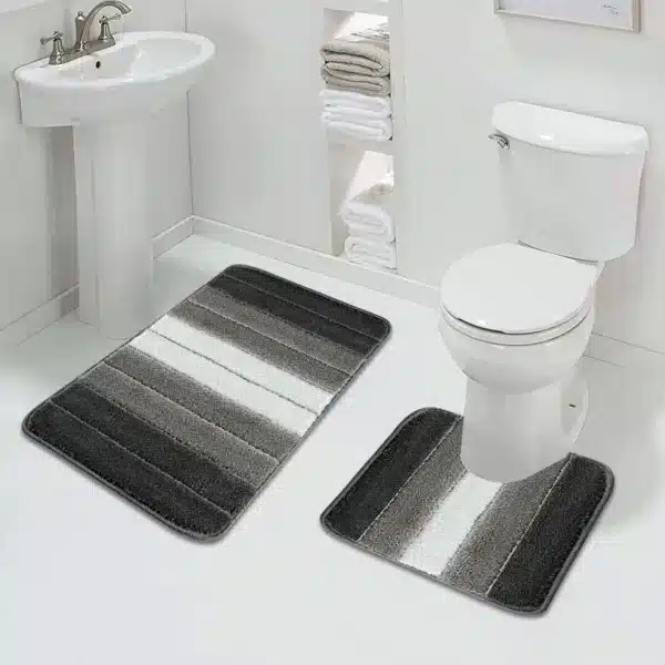 Grey Stripe Bath Mat and Pedestal Set Non Slip Rubber Gel Backing — Rugstars UK