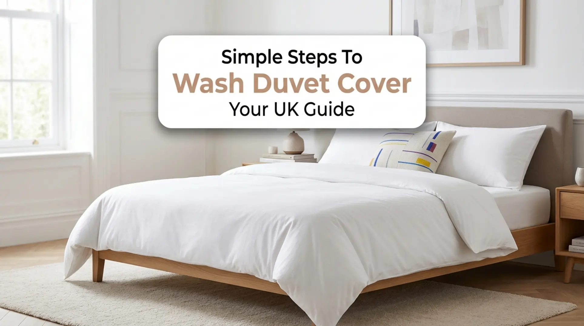 Freshly laundered white duvet cover in a clean UK bedroom. How to Wash Your Duvet Cover UK guide.