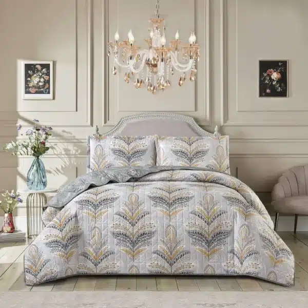 Jasmine Silver Patchwork Quilted Bedspread Set UK 3 Piece Luxury Floral Bedspread Rugstars UK