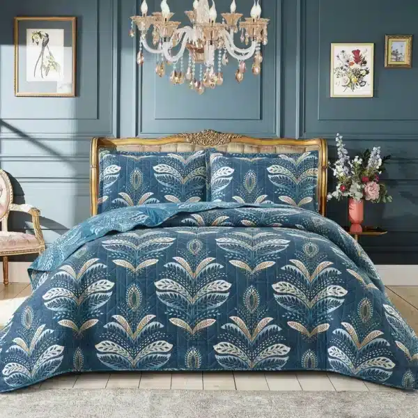 Jasmine Teal Patchwork Quilted Bedspread Set UK 3 Piece Floral Patchwork Comforter Rugstars UK