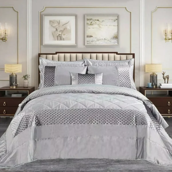 Silver Grey 3 Piece Atlanta Quilted Satin Sequence Bedspread Set UK Luxury Comforter Pillowcases Rugstars UK