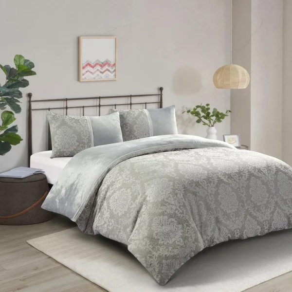 Silver Grey Charm Velvet Jacquard Duvet Cover Set UK Luxury Lace Trim Bedding Rugstars UK