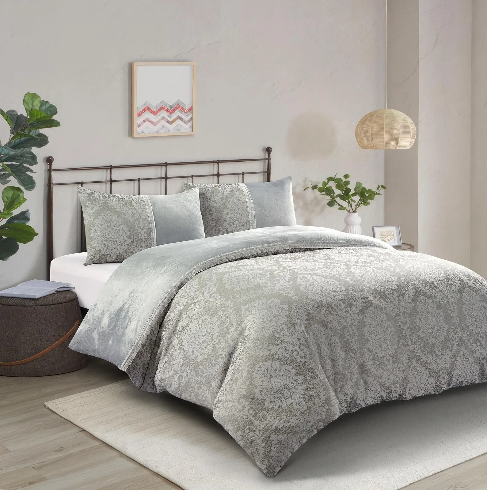 Silver Grey Charm Velvet Jacquard Duvet Cover Set UK Luxury Lace Trim Bedding Rugstars UK