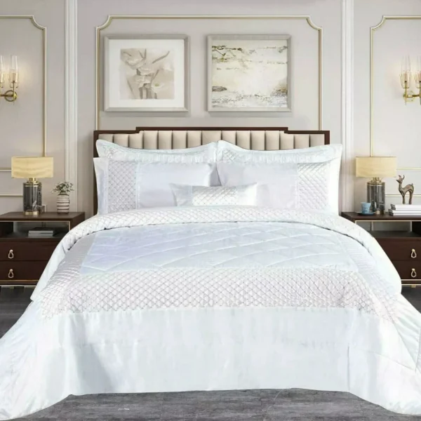 White 3 Piece Atlanta Quilted Satin Sequence Bedspread Set UK Comforter Pillowcases Rugstars UK