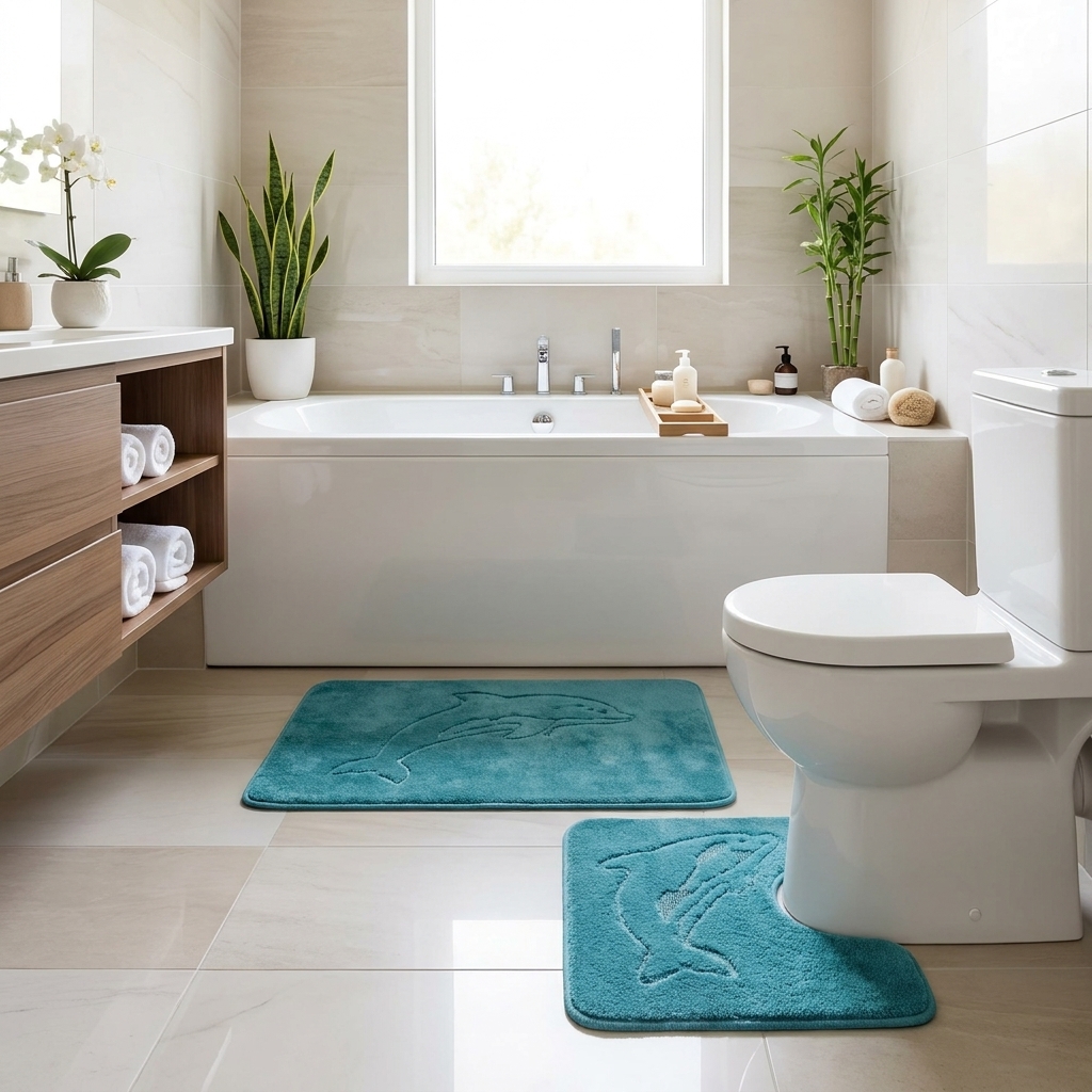 Dolphin Embossed Bath Mat & Pedestal Mat Set UK 2 Piece Non-Slip Plush Bathroom Rug