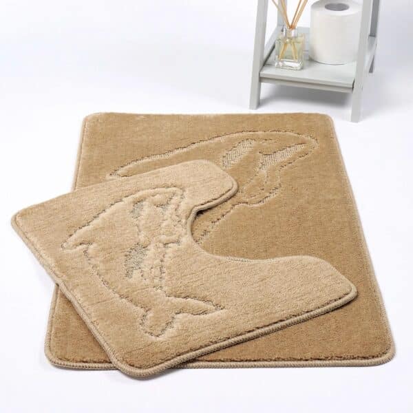 Beige Dolphin Embossed Bath Mat Pedestal Mat Set UK Non-Slip Plush Bathroom Rug Rugstars UK