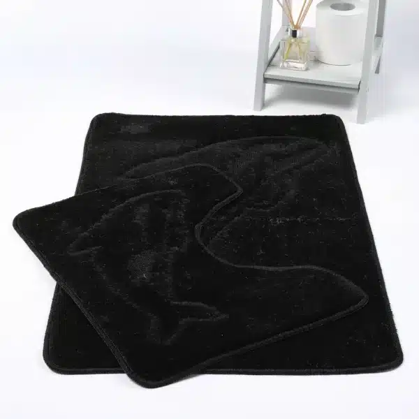 Black Dolphin Embossed Bath Mat Pedestal Mat Set UK Non-Slip Plush Bathroom Rug Rugstars UK