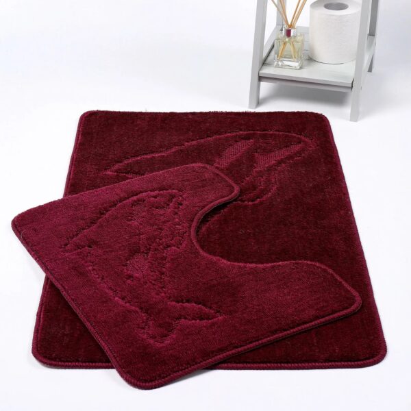 Burgundy Dolphin Embossed Bath Mat Pedestal Mat Set UK Non-Slip Plush Bathroom Rug Rugstars UK