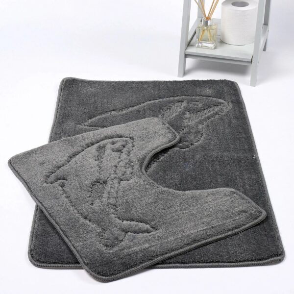 Grey Dolphin Embossed Bath Mat Pedestal Mat Set UK Non-Slip Soft Plush Bathroom Rug Rugstars UK