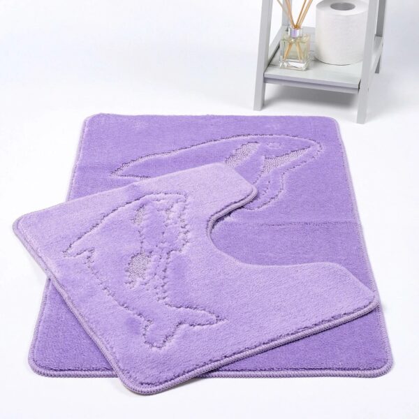 Lilac Dolphin Embossed Bath Mat Pedestal Mat Set UK Non-Slip Plush Bathroom Rug Rugstars UK
