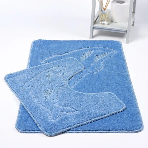 Mild Blue Dolphin Embossed Bath Mat Pedestal Mat Set UK Non-Slip Plush Bathroom Rug Rugstars UK