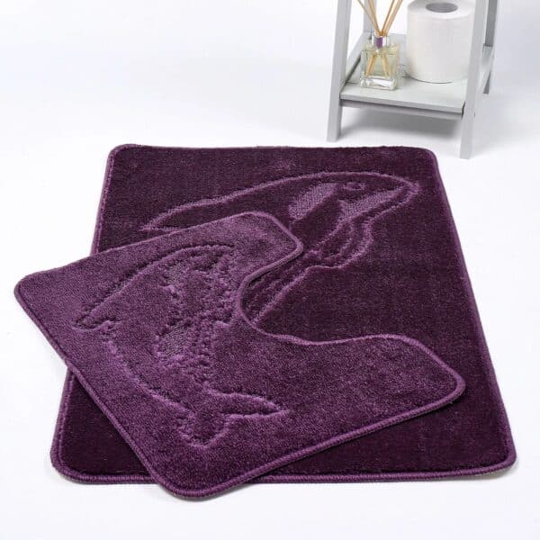 Plum Dolphin Embossed Bath Mat Pedestal Mat Set UK Non-Slip Plush Bathroom Rug Rugstars UK