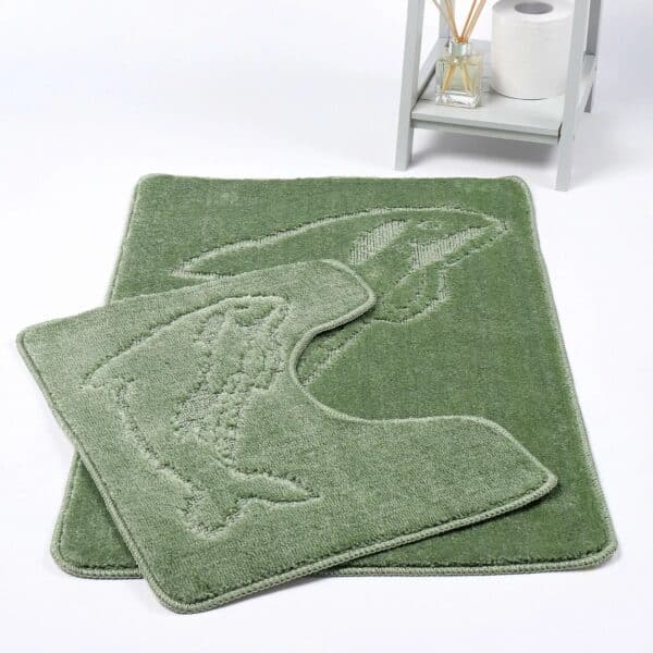 Sage Dolphin Embossed Bath Mat Pedestal Mat Set UK Non-Slip Plush Bathroom Rug Rugstars UK