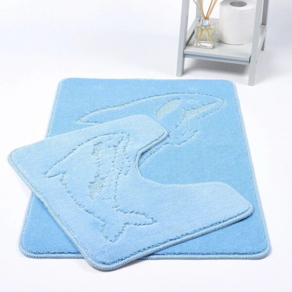 Sky Blue Dolphin Embossed Bath Mat Pedestal Mat Set UK Non-Slip Plush Bathroom Rug Rugstars UK