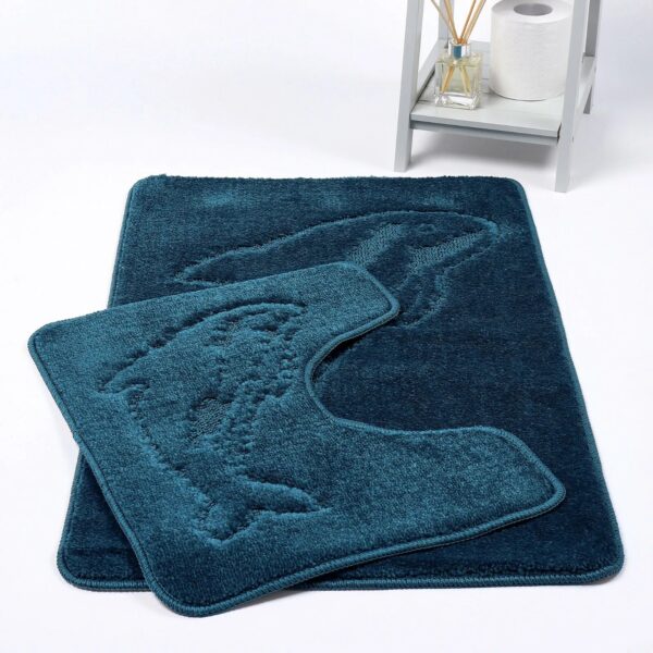 Teal Dolphin Embossed Bath Mat Pedestal Mat Set UK Non-Slip Plush Bathroom Rug Rugstars UK