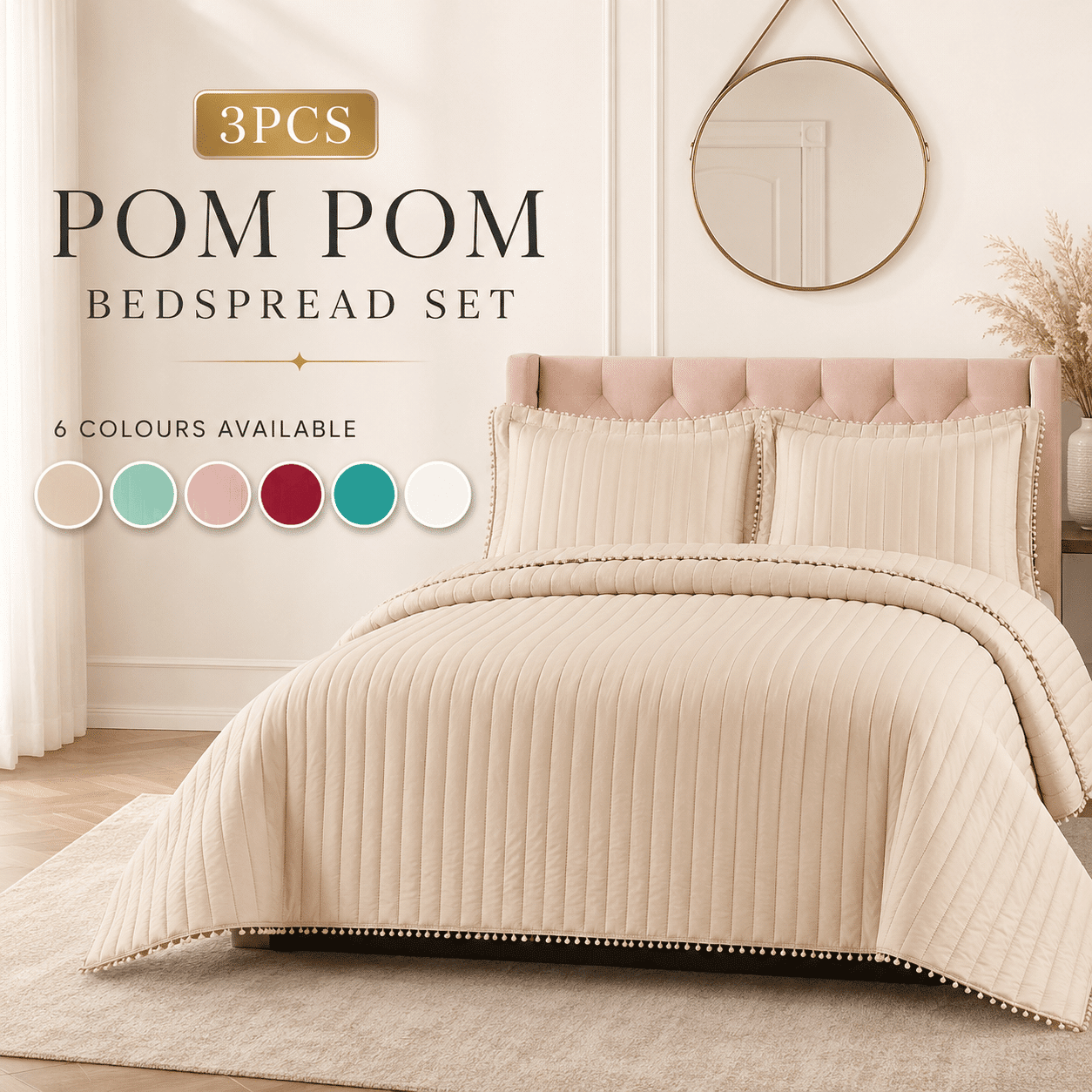3pc Pom Pom Quilted Bedspread Set uk