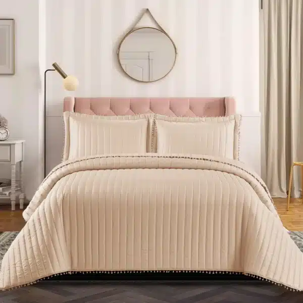 Pom Pom Quilted Bedspread Set UK Beige 1