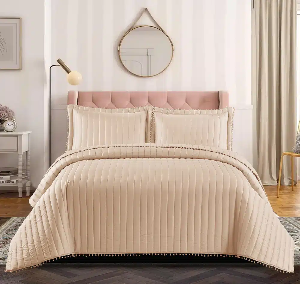 Pom Pom Quilted Bedspread Set UK Beige 1