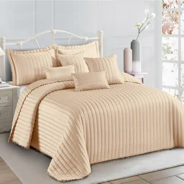Pom Pom Quilted Bedspread Set UK Beige 2