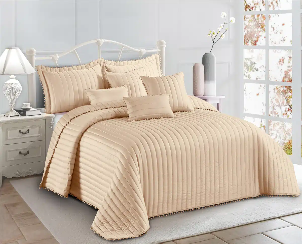 Pom Pom Quilted Bedspread Set UK Beige 2