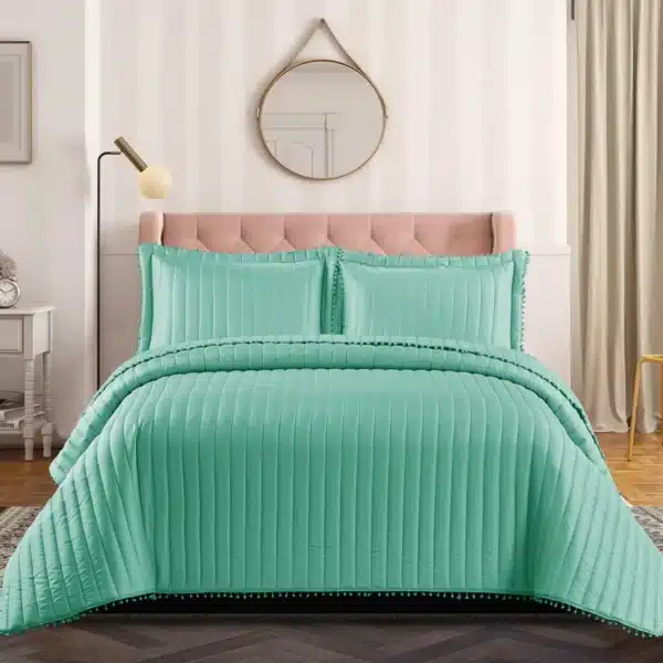 Pom Pom Quilted Bedspread Set UK Green 1