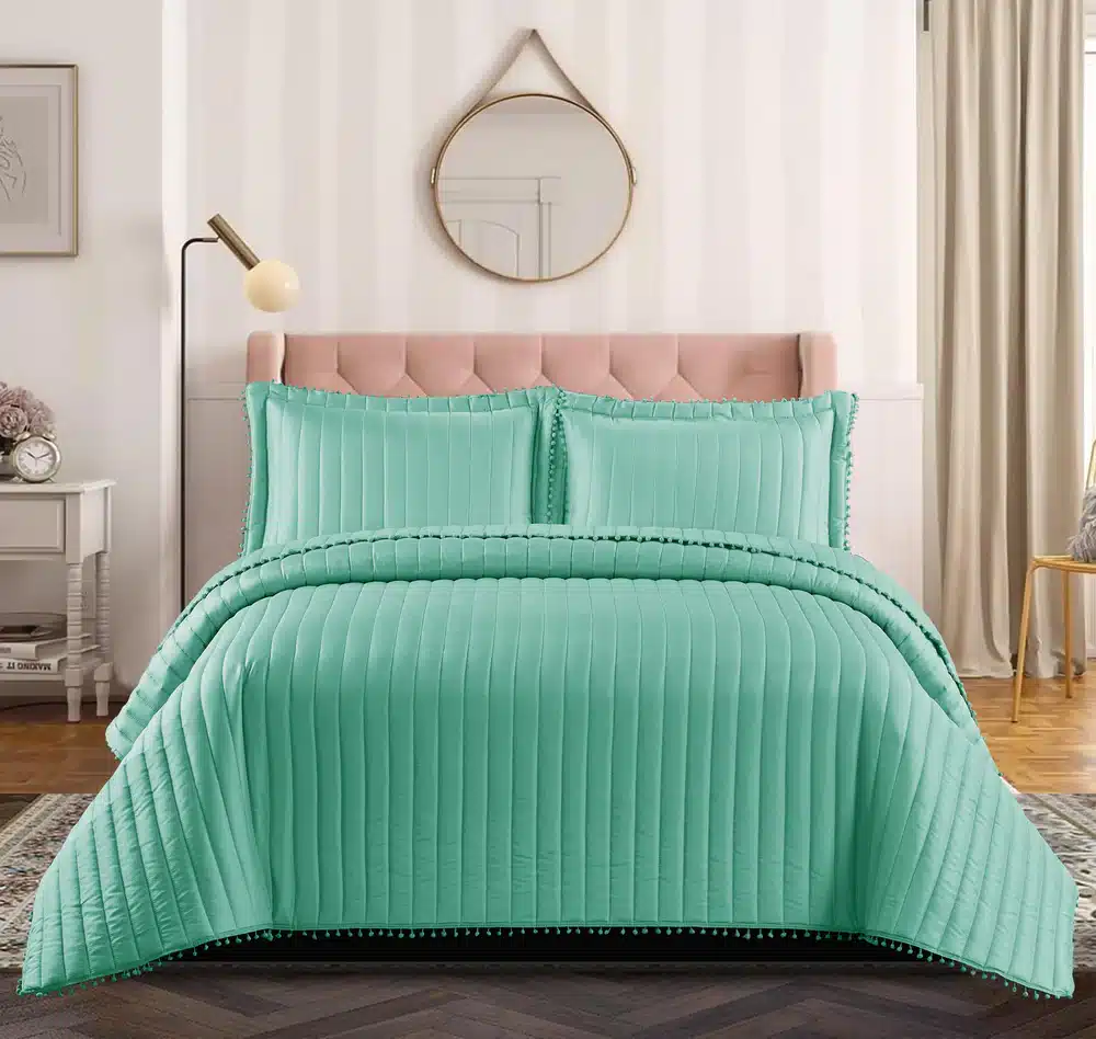 Pom Pom Quilted Bedspread Set UK Green 1