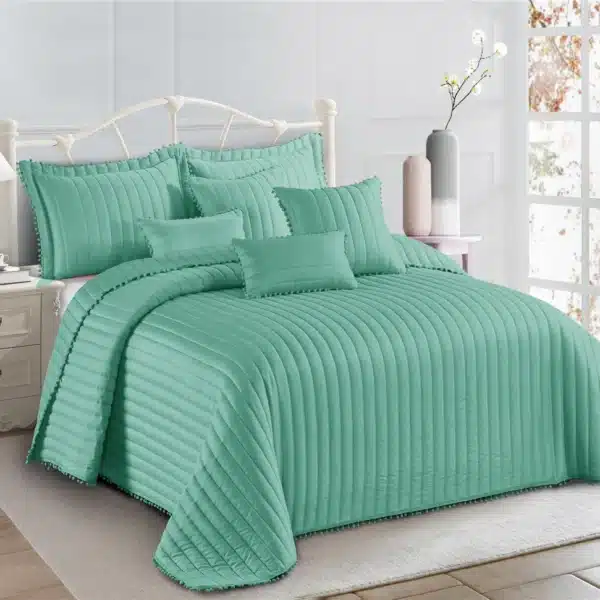 Pom Pom Quilted Bedspread Set UK Green 2