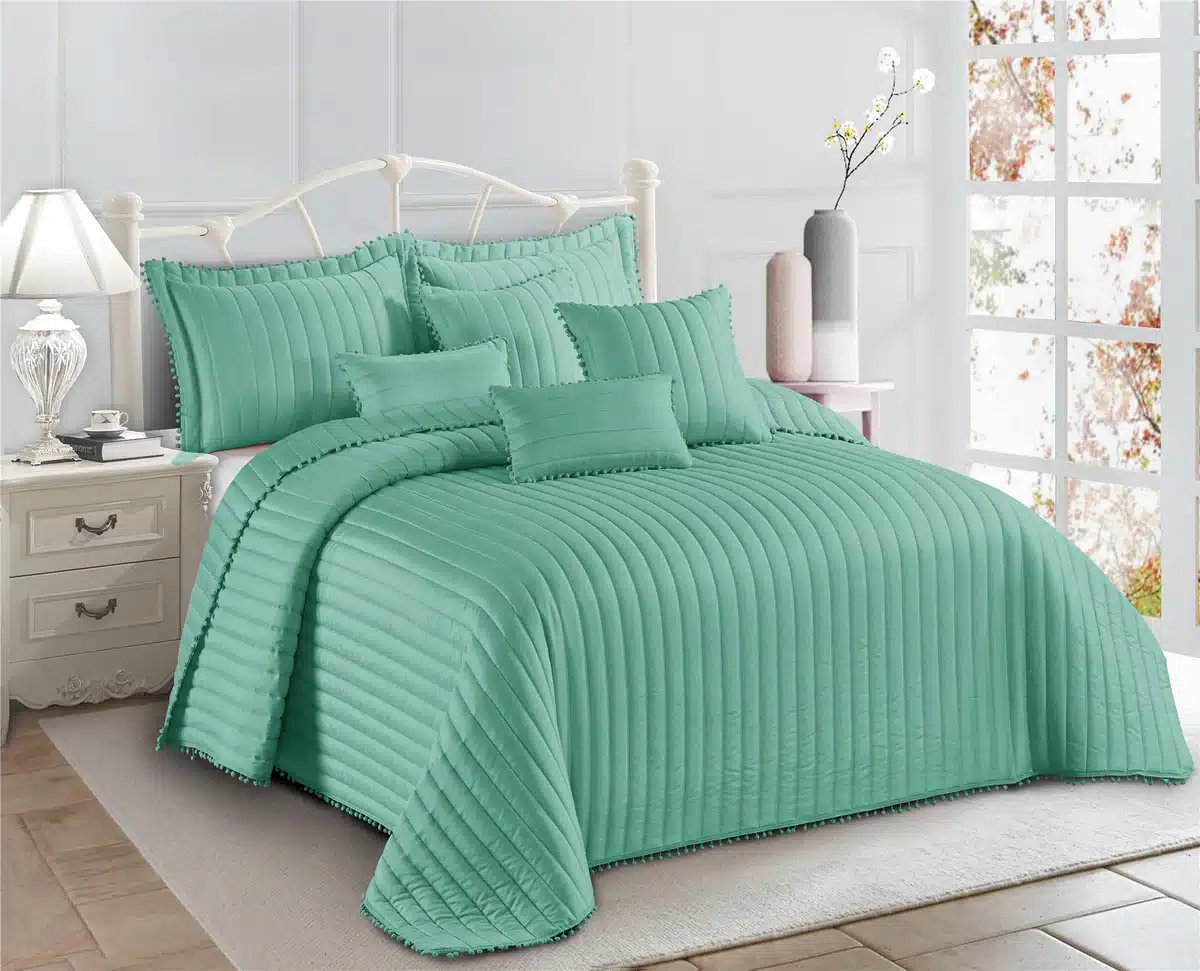 Pom Pom Quilted Bedspread Set UK Green 2