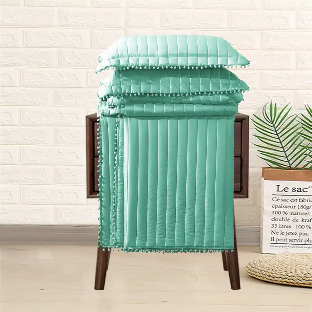 Pom Pom Quilted Bedspread Set UK Green 3